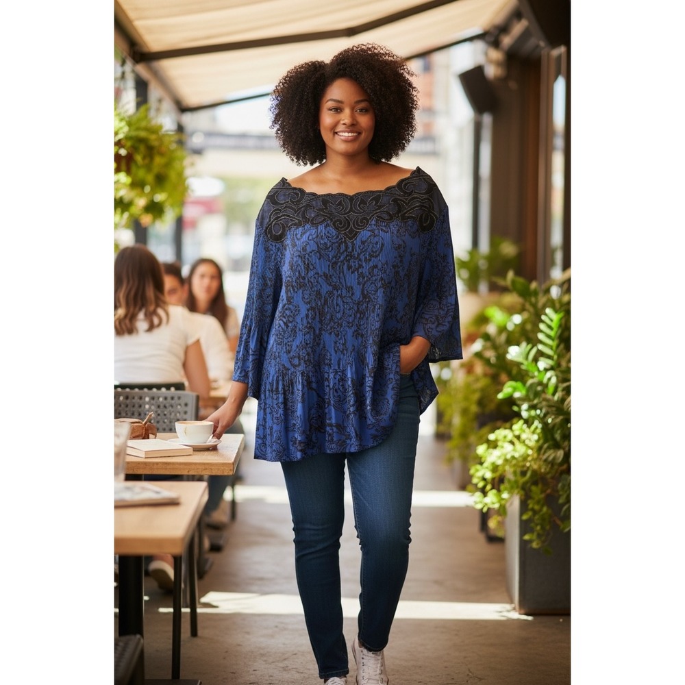 Catherines Plus Size 4X Blue Paisley Pleated Tunic Top Velvet Mesh Embroidered
